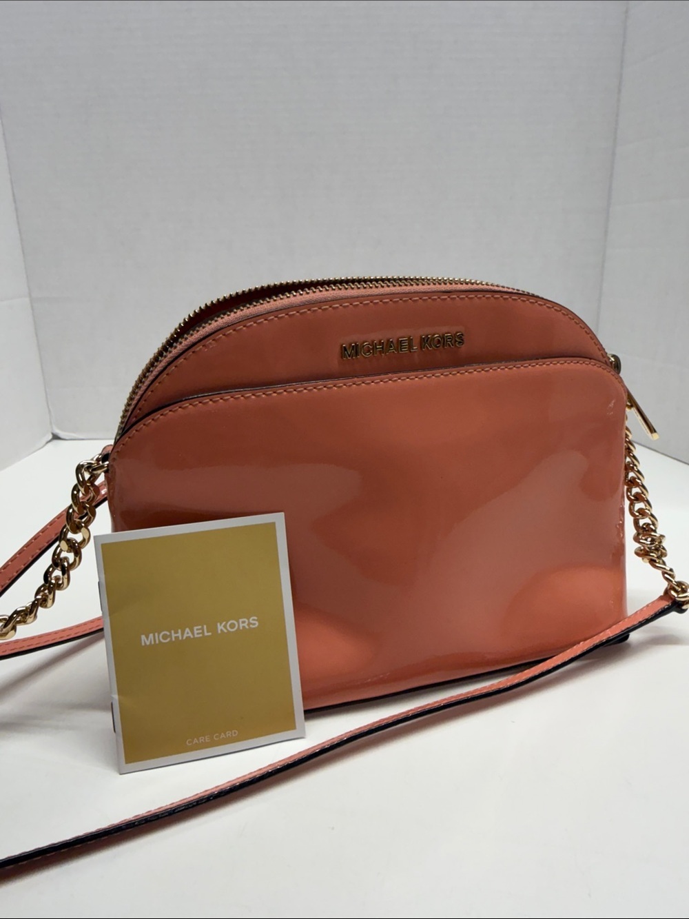 Michael Kors Emmy Crossbody Dome Purse Bag Chain Shiny Patent Leather Pink New*
